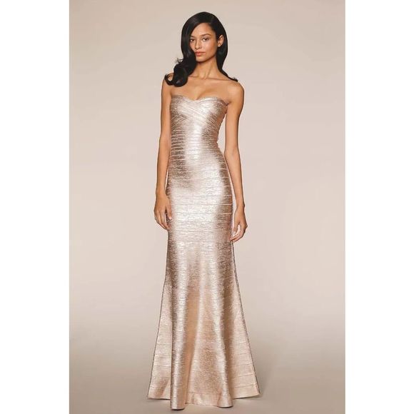 Herve Leger Dresses & Skirts - New Herve Leger Sara Fit n Flare Bandage Maxi Dress Gown Gold Foil XS $1799